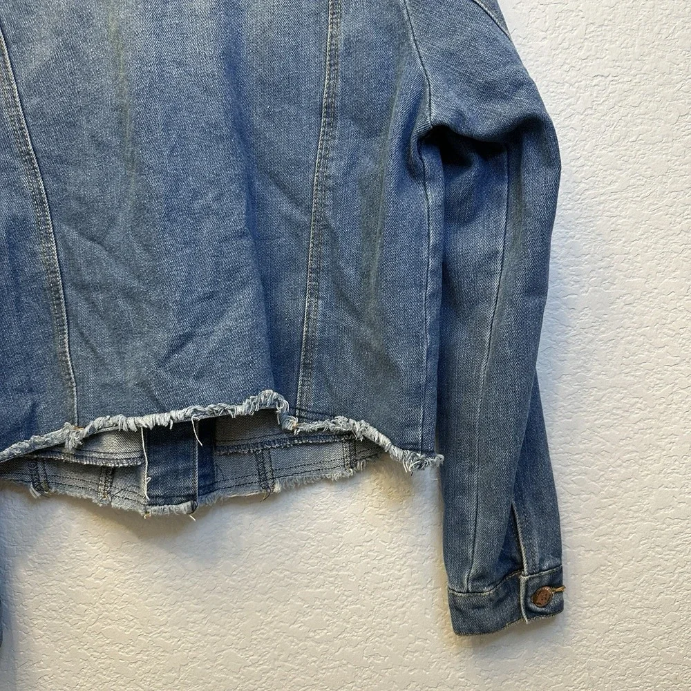 Highway‎ Jeans Womens L Cropped Denim Jacket Patches Sequin M Raw Hem VD7901HJMJ